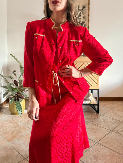 1960's vintage cherry red woven silk dress and jacket set with gold metallic trimming details