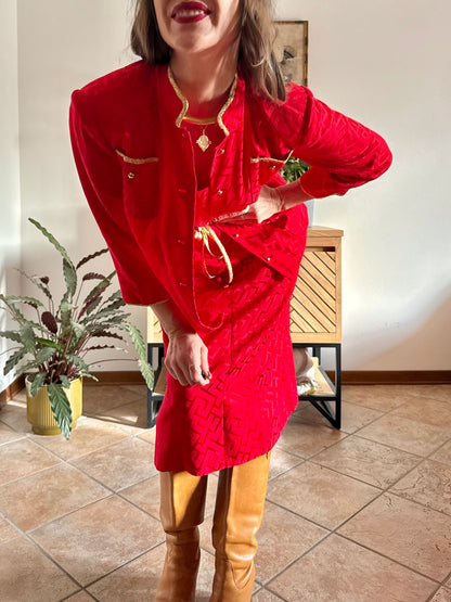 1960's vintage cherry red woven silk dress and jacket set with gold metallic trimming details