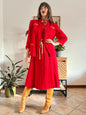 1960's vintage cherry red woven silk dress and jacket set with gold metallic trimming details