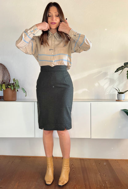 1970's vintage military green wool midi skirt with scaloped detailing