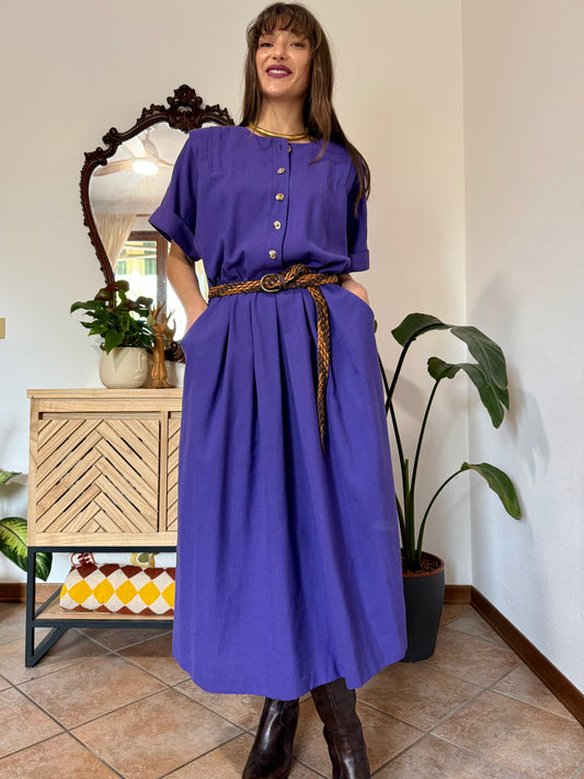 1970's purple maxi dress with gold knot button details
