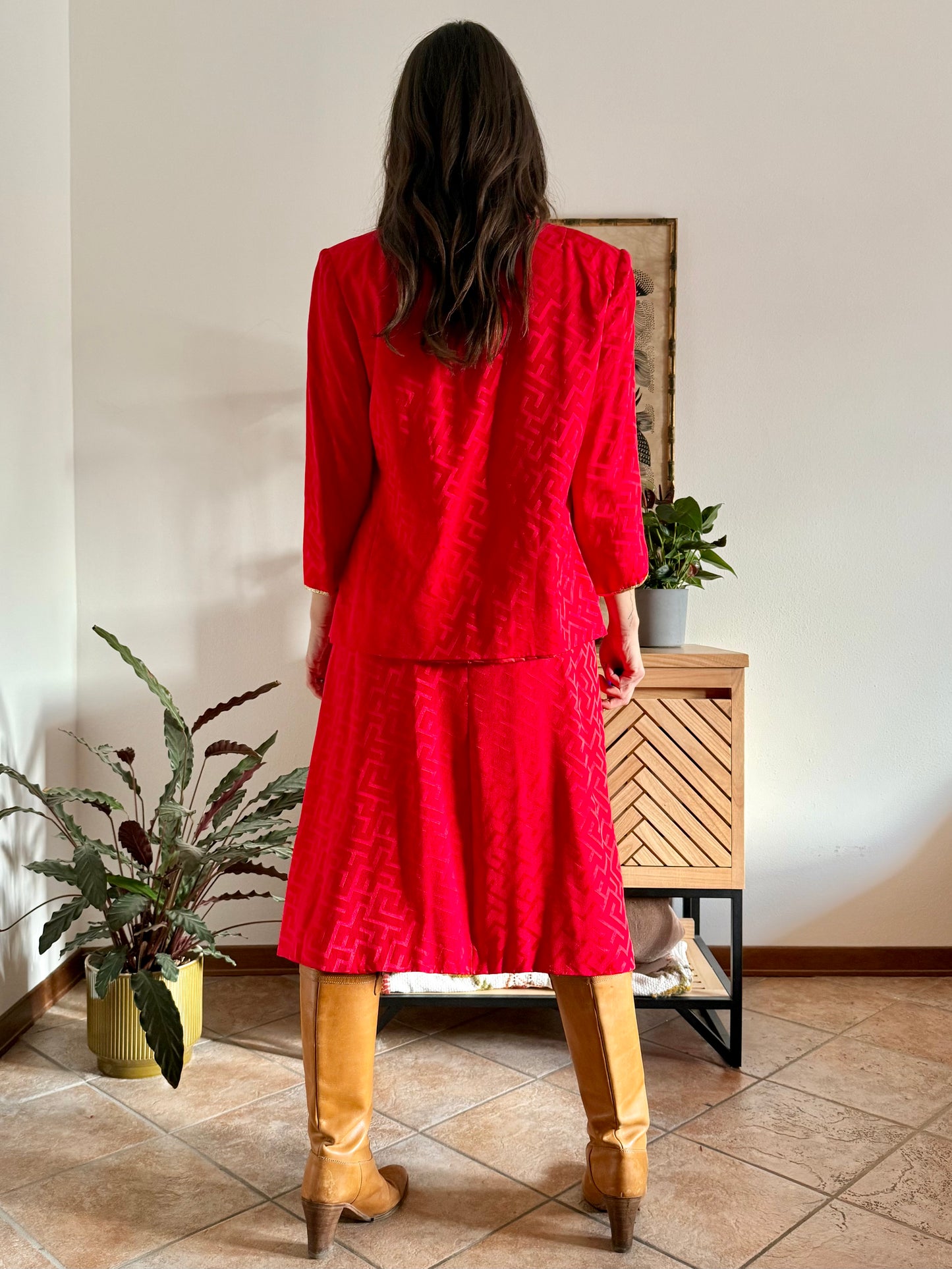 1960's vintage cherry red woven silk dress and jacket set with gold metallic trimming details