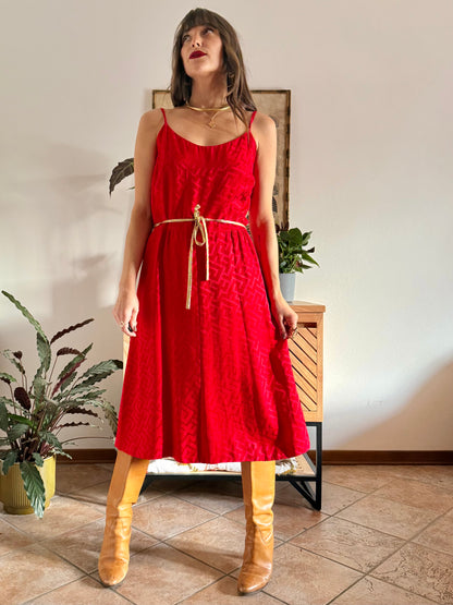 1960's vintage cherry red woven silk dress and jacket set with gold metallic trimming details