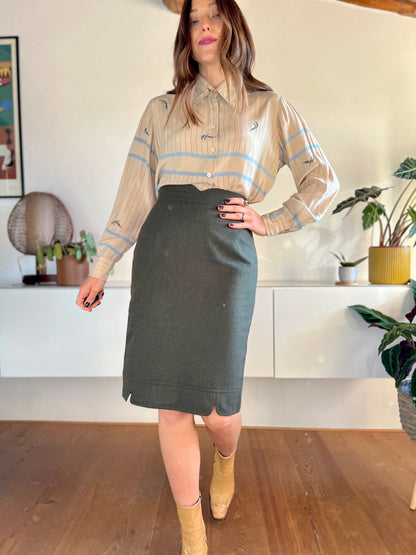 1970's vintage military green wool midi skirt with scaloped detailing