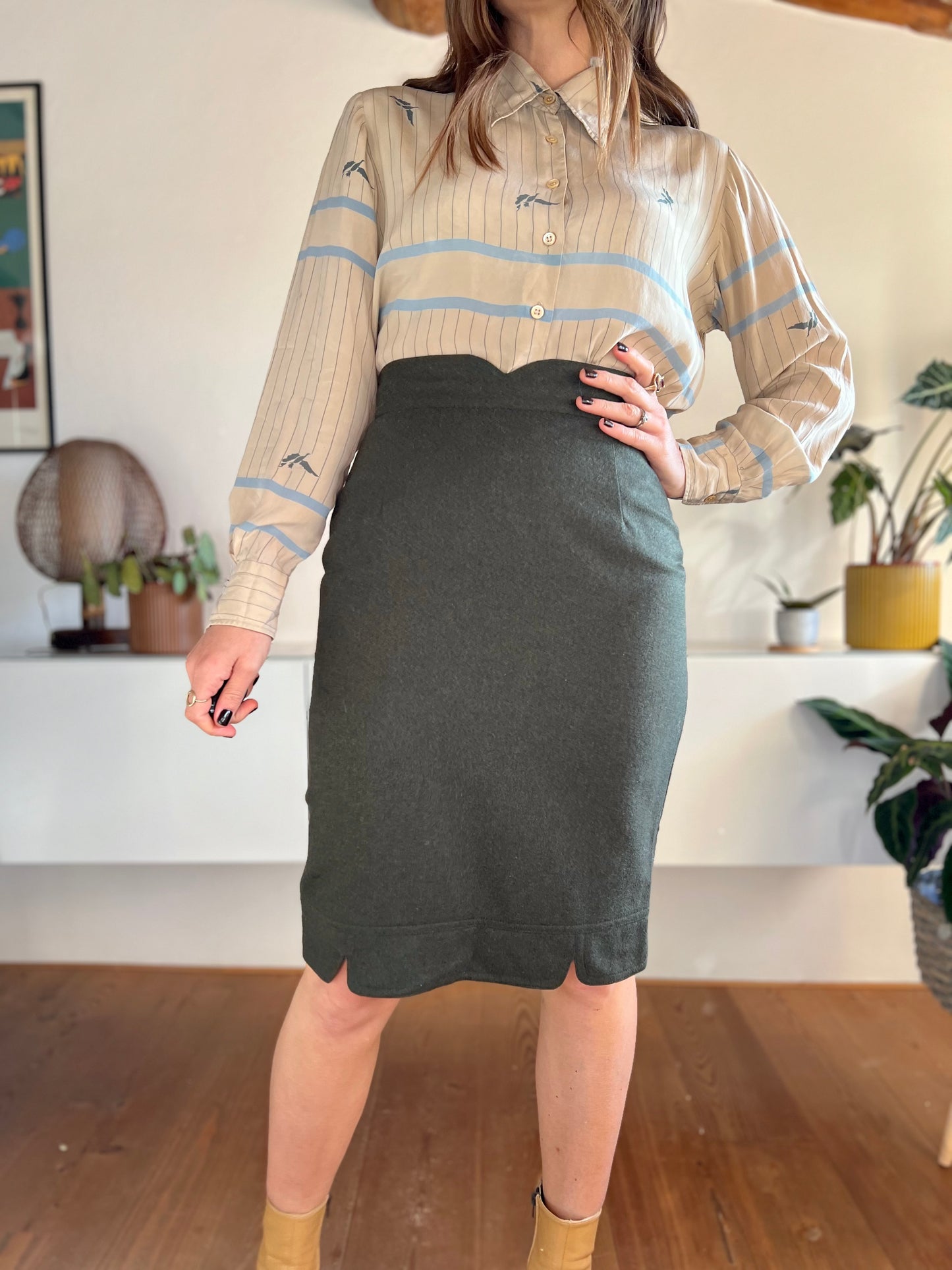 1970's vintage military green wool midi skirt with scaloped detailing