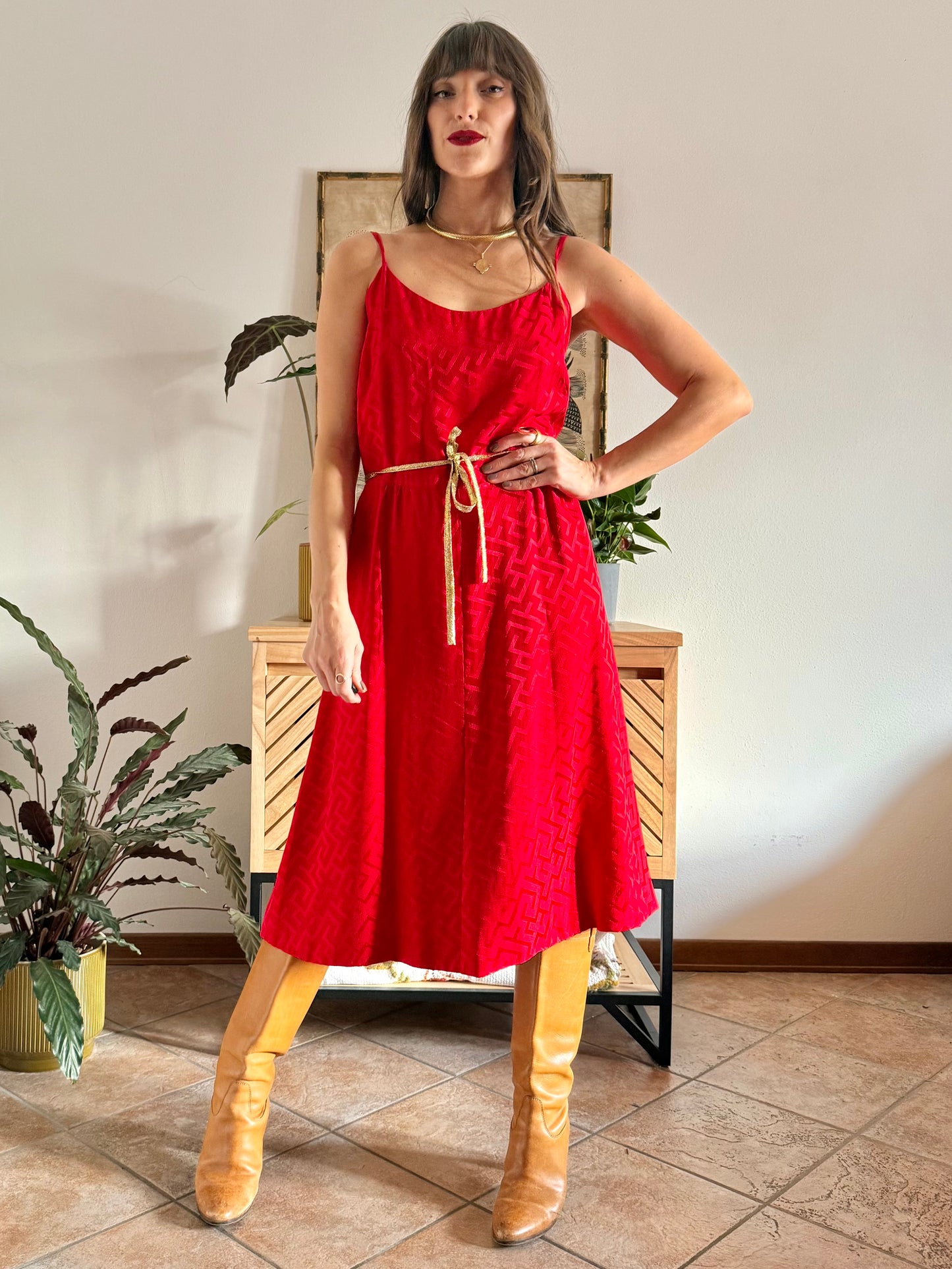 1960's vintage cherry red woven silk dress and jacket set with gold metallic trimming details