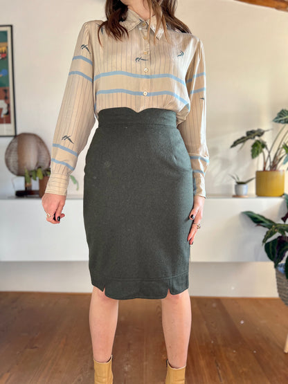 1970's vintage military green wool midi skirt with scaloped detailing