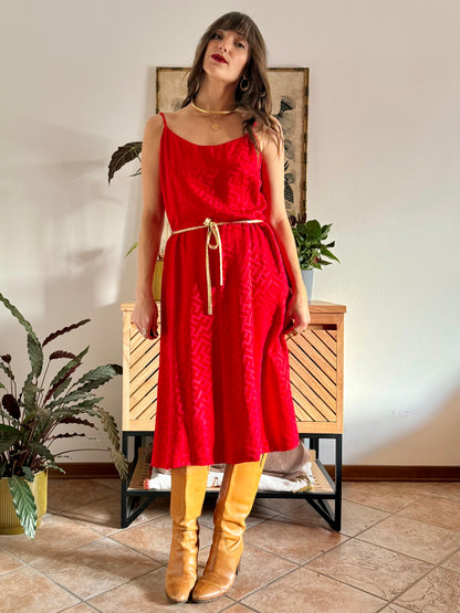 1960's vintage cherry red woven silk dress and jacket set with gold metallic trimming details