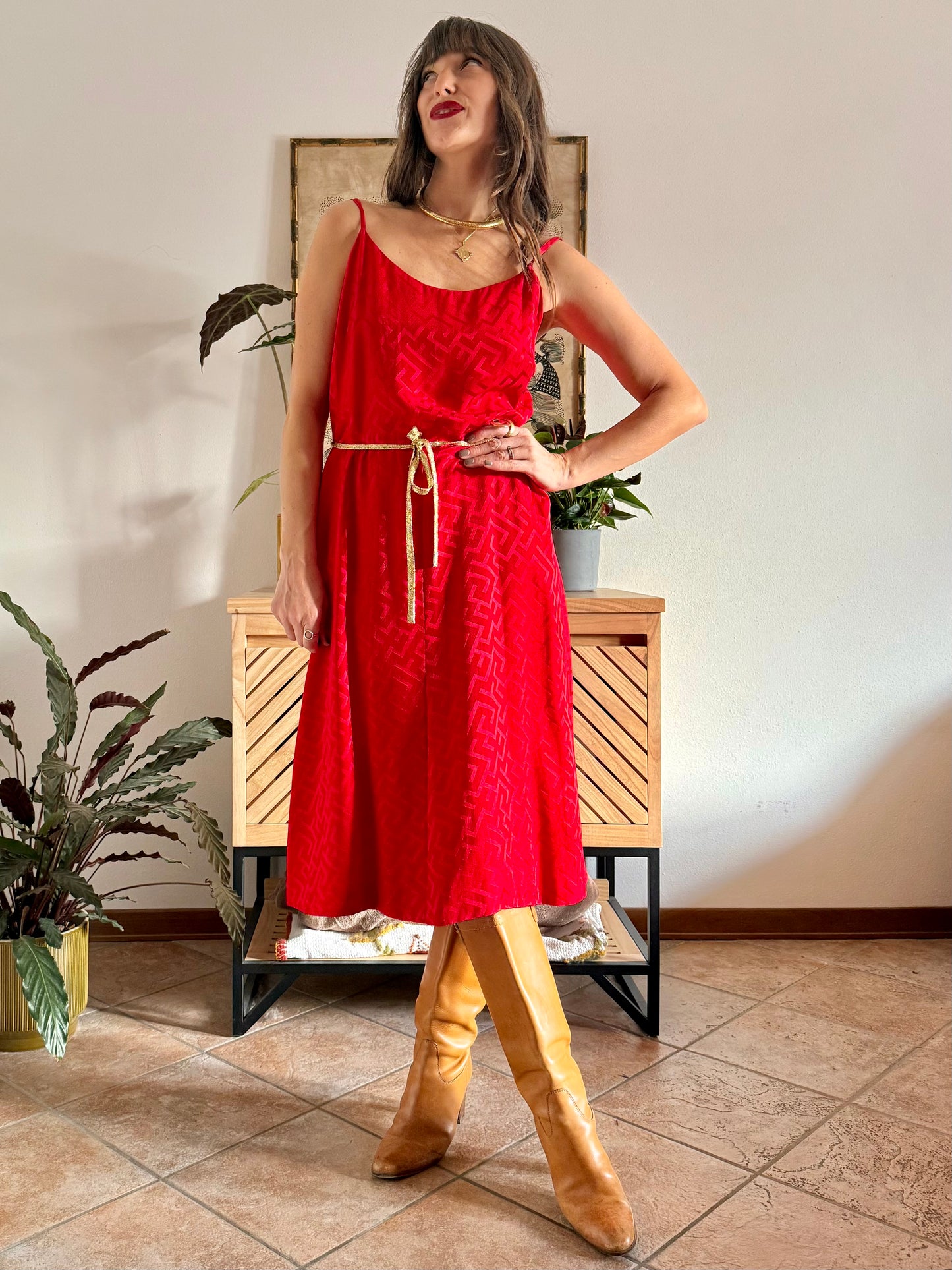 1960's vintage cherry red woven silk dress and jacket set with gold metallic trimming details