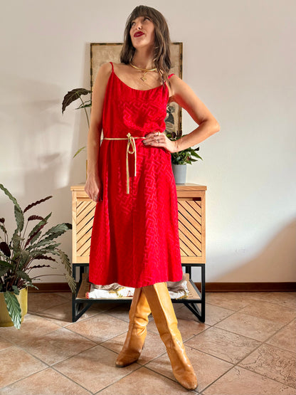 1960's vintage cherry red woven silk dress and jacket set with gold metallic trimming details