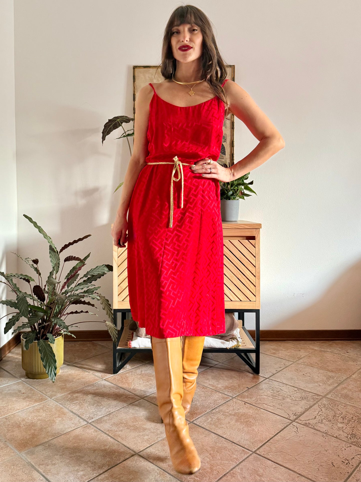 1960's vintage cherry red woven silk dress and jacket set with gold metallic trimming details