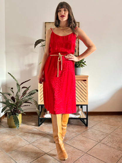 1960's vintage cherry red woven silk dress and jacket set with gold metallic trimming details