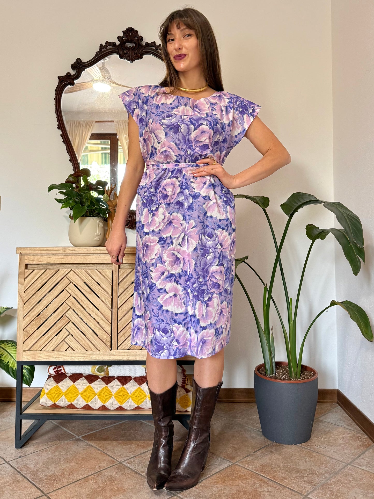 1960's vintage multi tonal pink and purple floral midi dress