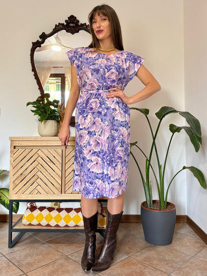 1960's vintage multi tonal pink and purple floral midi dress