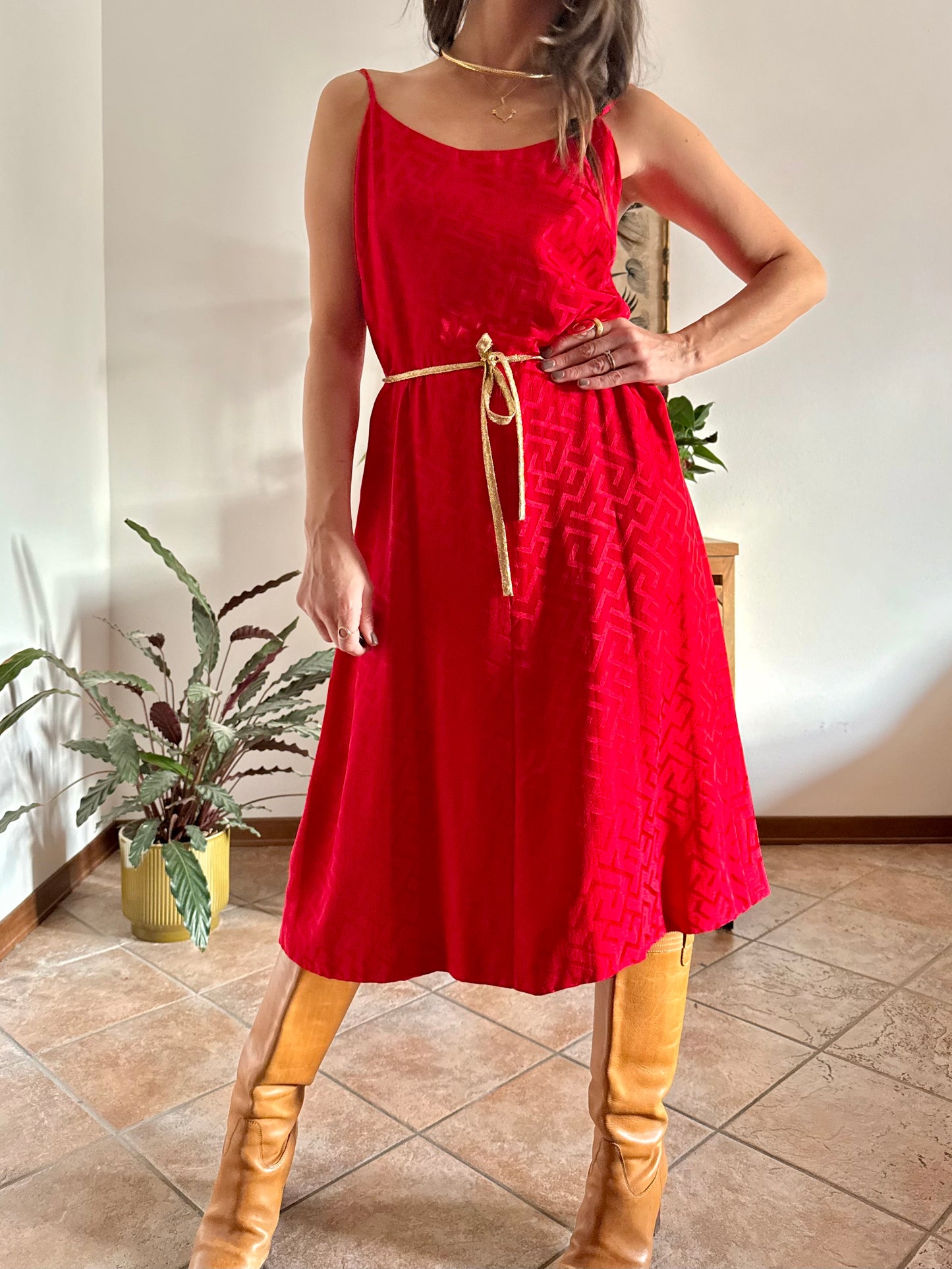1960's vintage cherry red woven silk dress and jacket set with gold metallic trimming details