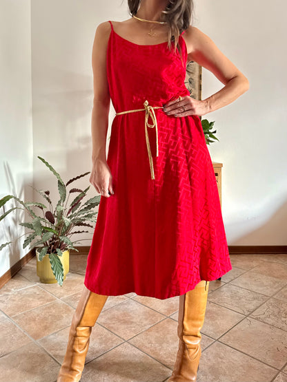1960's vintage cherry red woven silk dress and jacket set with gold metallic trimming details