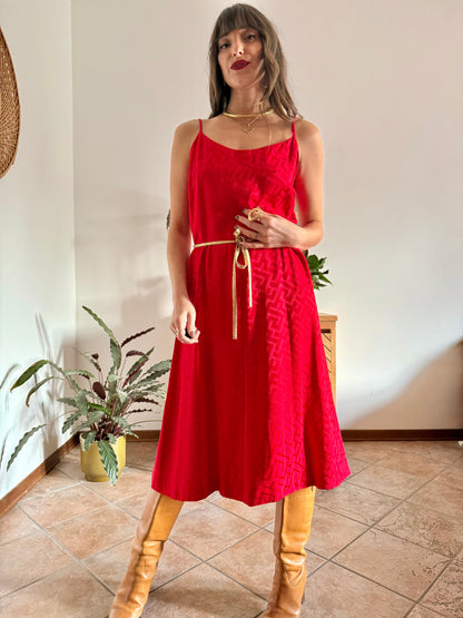 1960's vintage cherry red woven silk dress and jacket set with gold metallic trimming details
