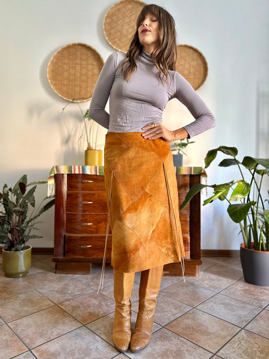 1970's vintage tan leather western style midi skirt with fringe detail