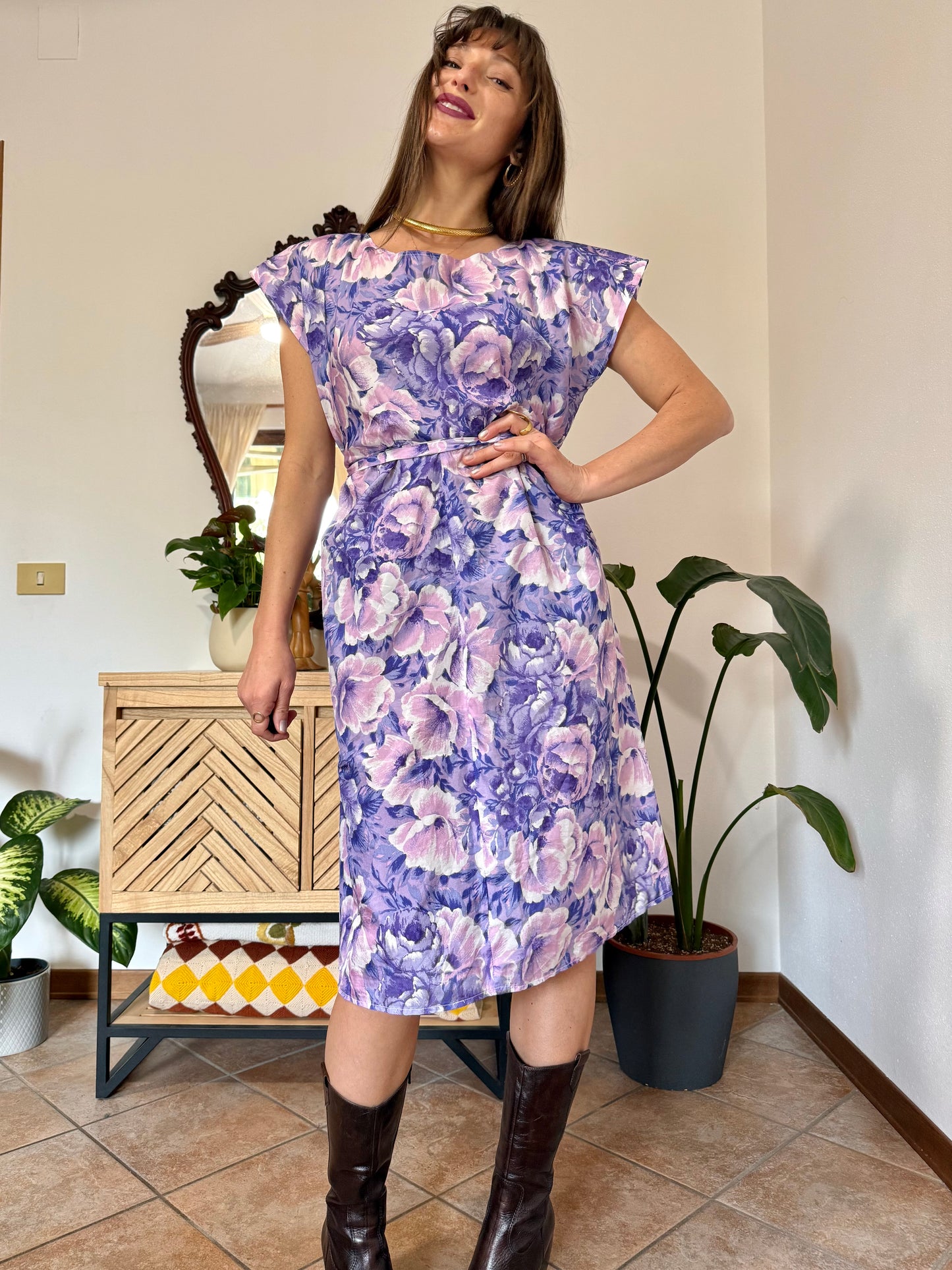 1960's vintage multi tonal pink and purple floral midi dress