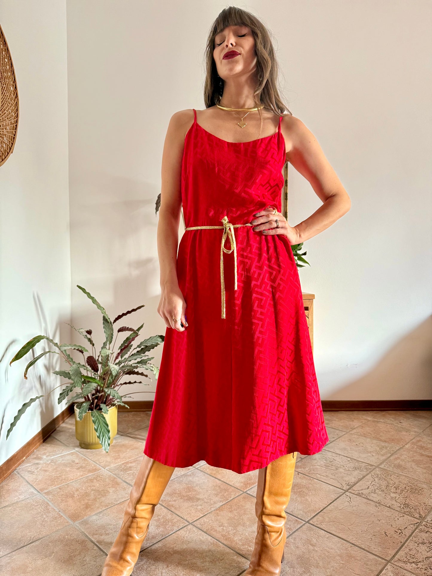 1960's vintage cherry red woven silk dress and jacket set with gold metallic trimming details