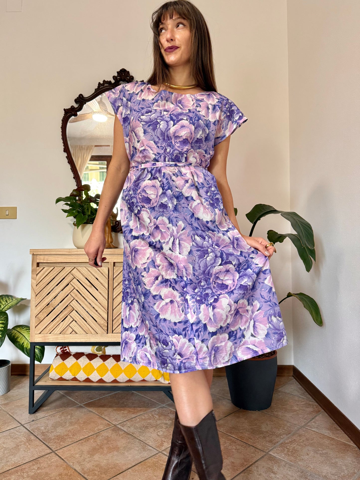 1960's vintage multi tonal pink and purple floral midi dress
