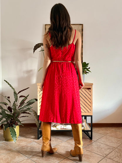 1960's vintage cherry red woven silk dress and jacket set with gold metallic trimming details