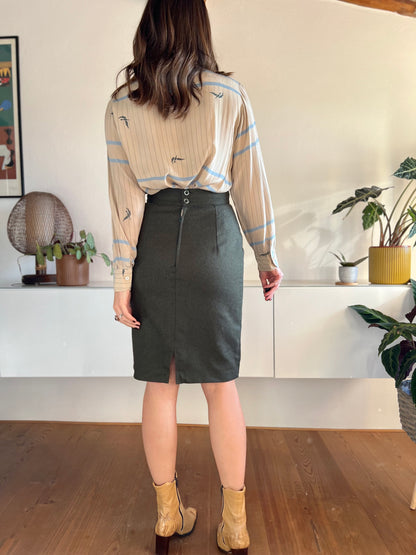 1970's vintage military green wool midi skirt with scaloped detailing