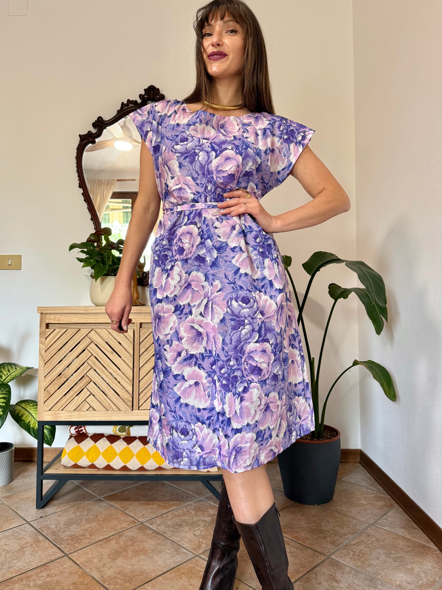 1960's vintage multi tonal pink and purple floral midi dress