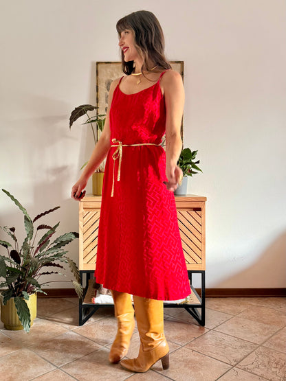 1960's vintage cherry red woven silk dress and jacket set with gold metallic trimming details