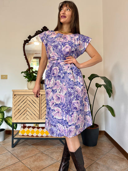 1960's vintage multi tonal pink and purple floral midi dress