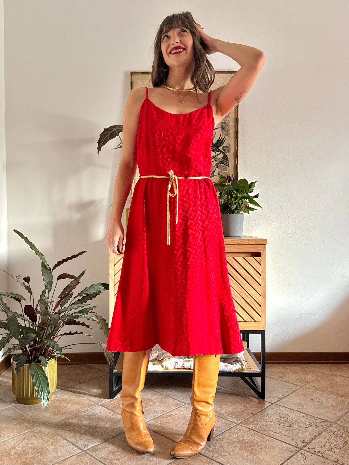 1960's vintage cherry red woven silk dress and jacket set with gold metallic trimming details