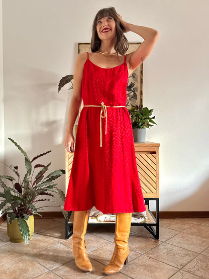 1960's vintage cherry red woven silk dress and jacket set with gold metallic trimming details