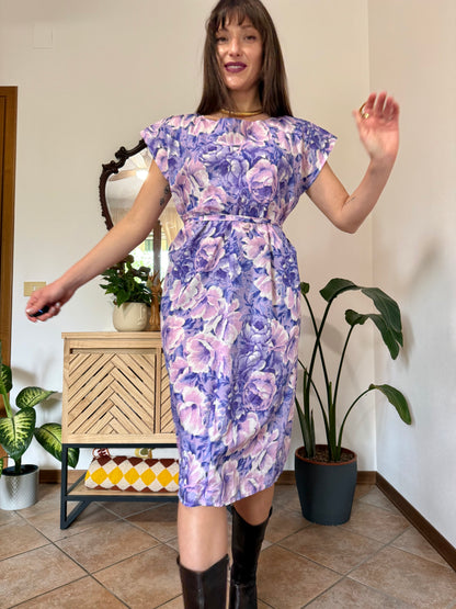 1960's vintage multi tonal pink and purple floral midi dress