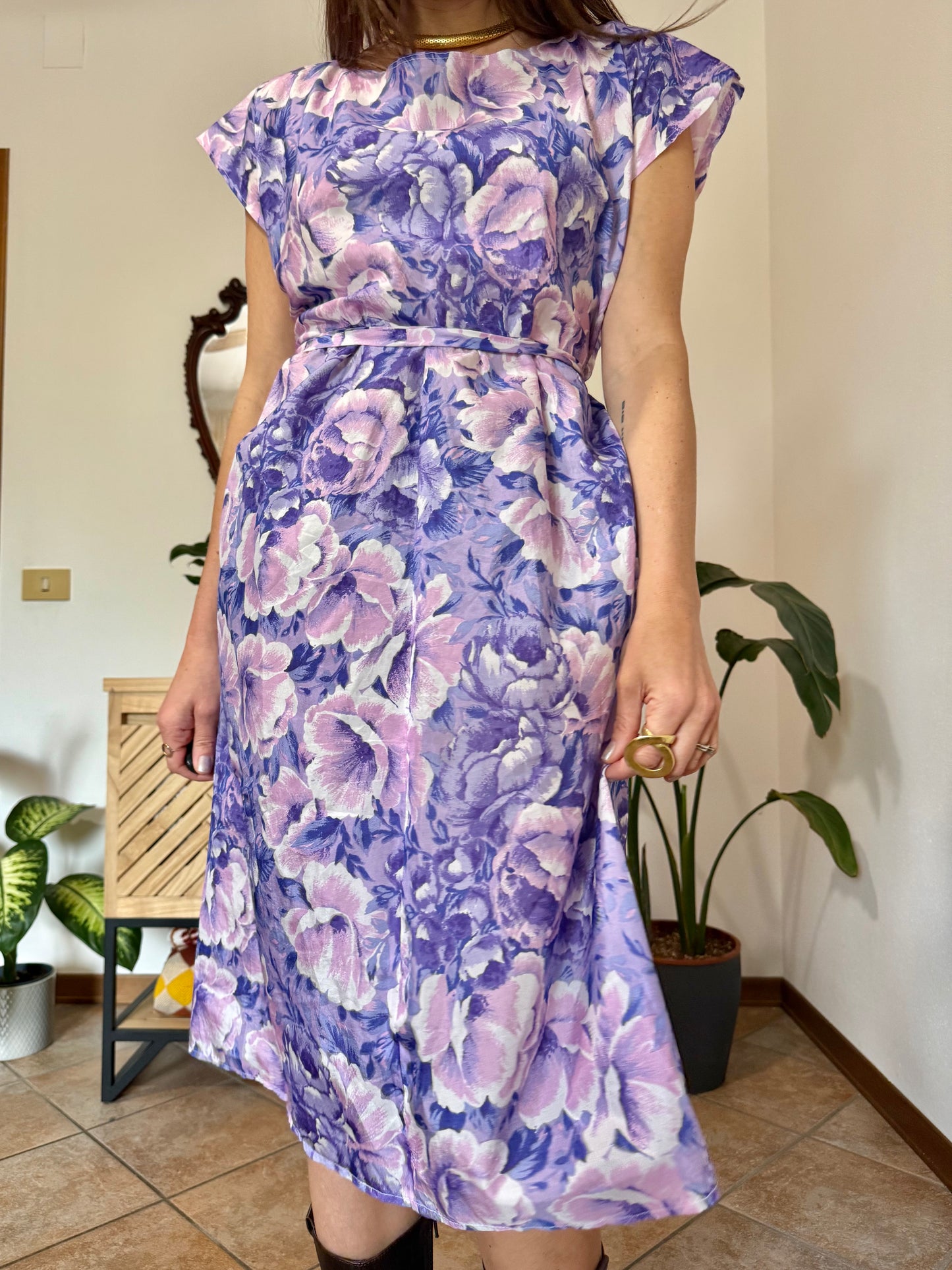 1960's vintage multi tonal pink and purple floral midi dress