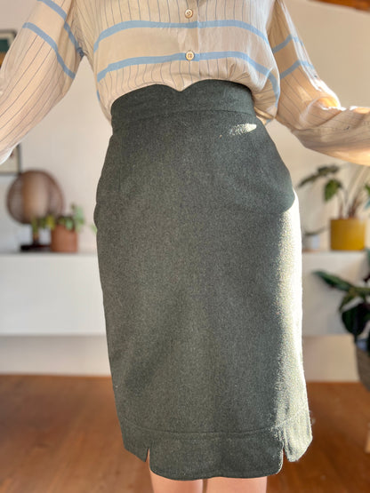 1970's vintage military green wool midi skirt with scaloped detailing