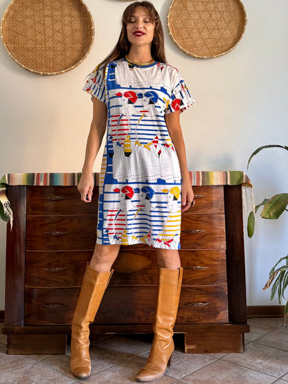 1980's vintage white cotton dress with retro women figure print