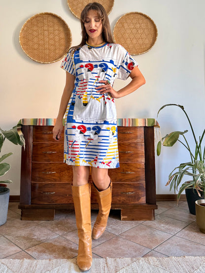 1980's vintage white cotton dress with retro women figure print