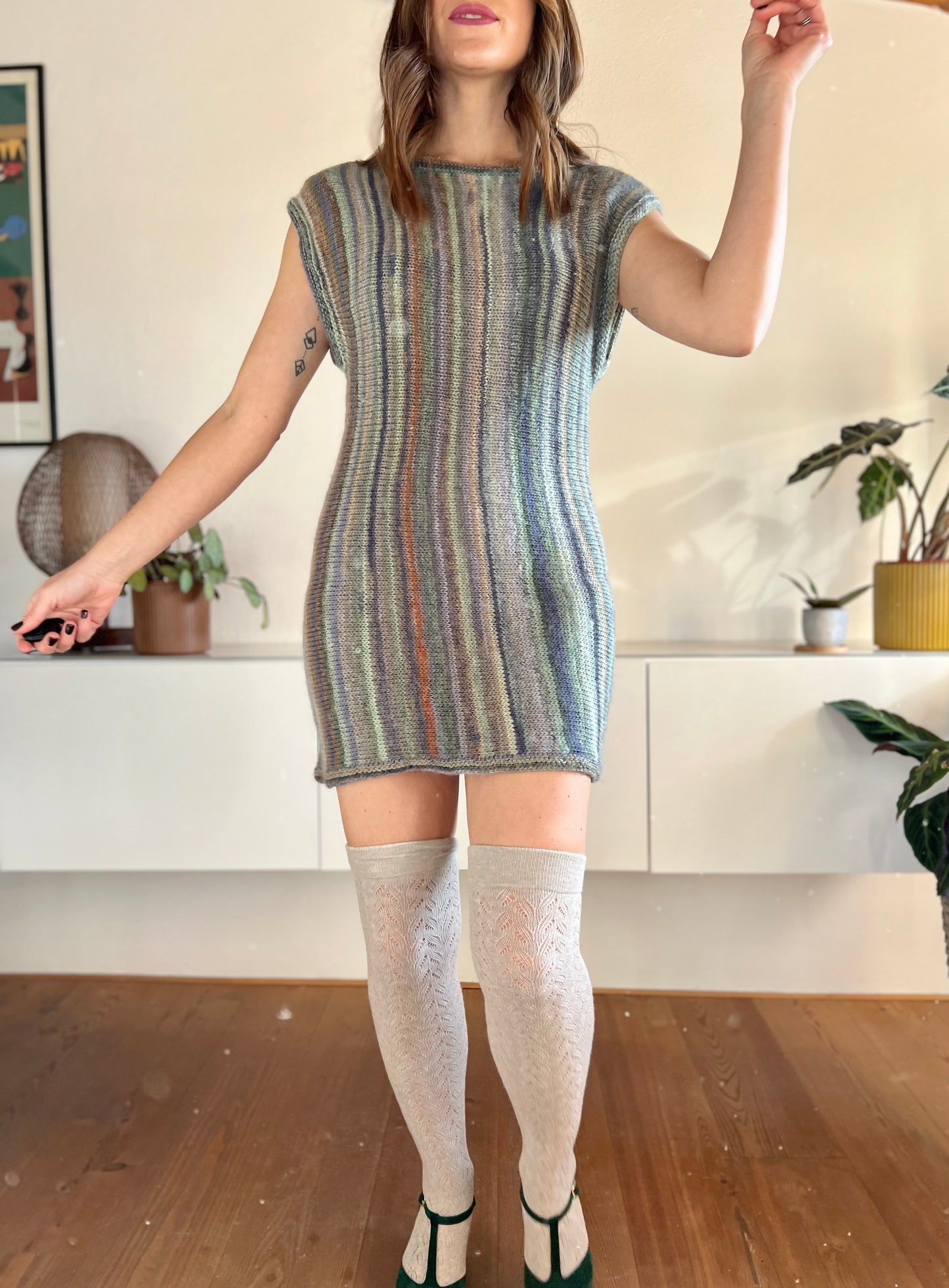 1990's vintage green, blue and tan striped knit mini sweater dress