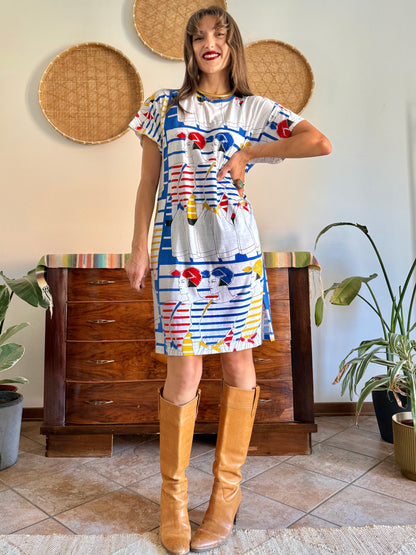 1980's vintage white cotton dress with retro women figure print