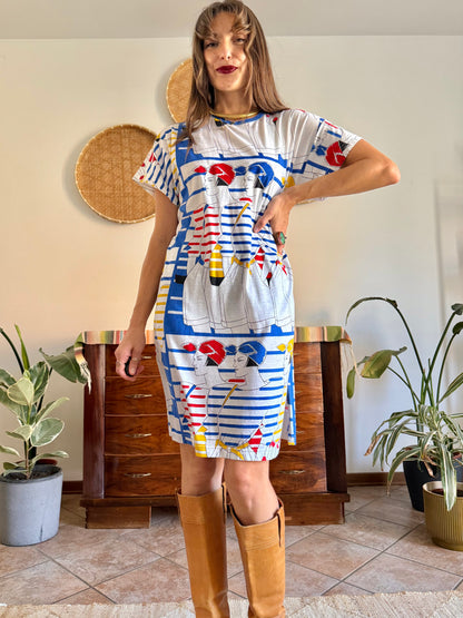 1980's vintage white cotton dress with retro women figure print