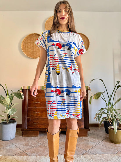 1980's vintage white cotton dress with retro women figure print