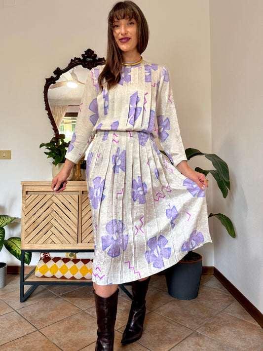 1960's vintage cream and purple silk floral pleated midi dress