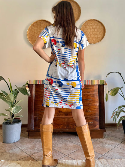 1980's vintage white cotton dress with retro women figure print