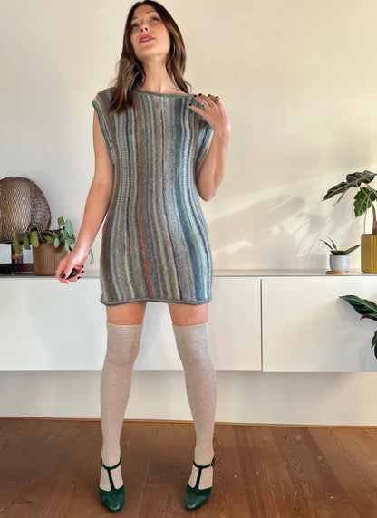 1990's vintage green, blue and tan striped knit mini sweater dress