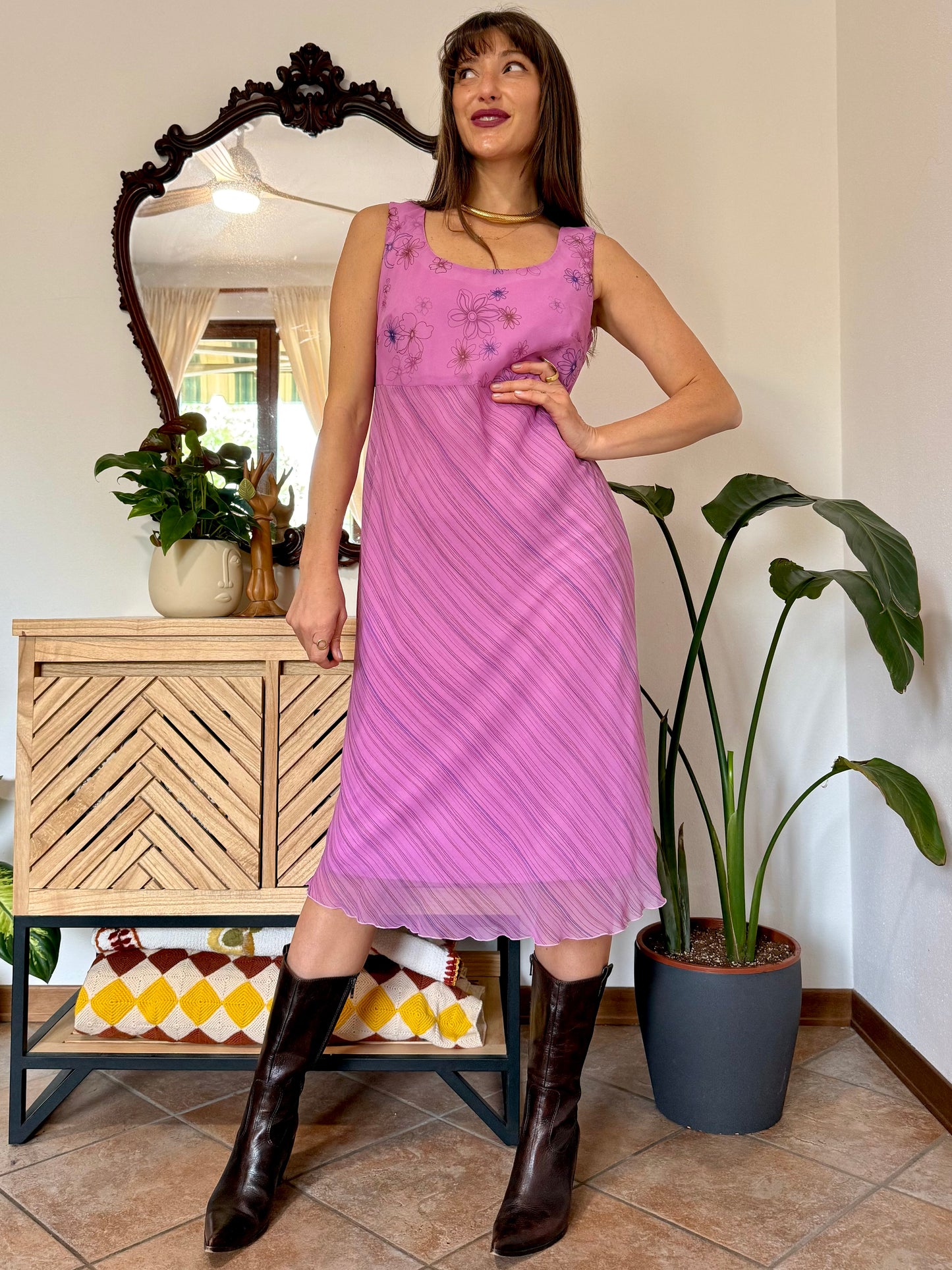 Y2k vintage multi tonal pink and purple stripe and floral print midi dress