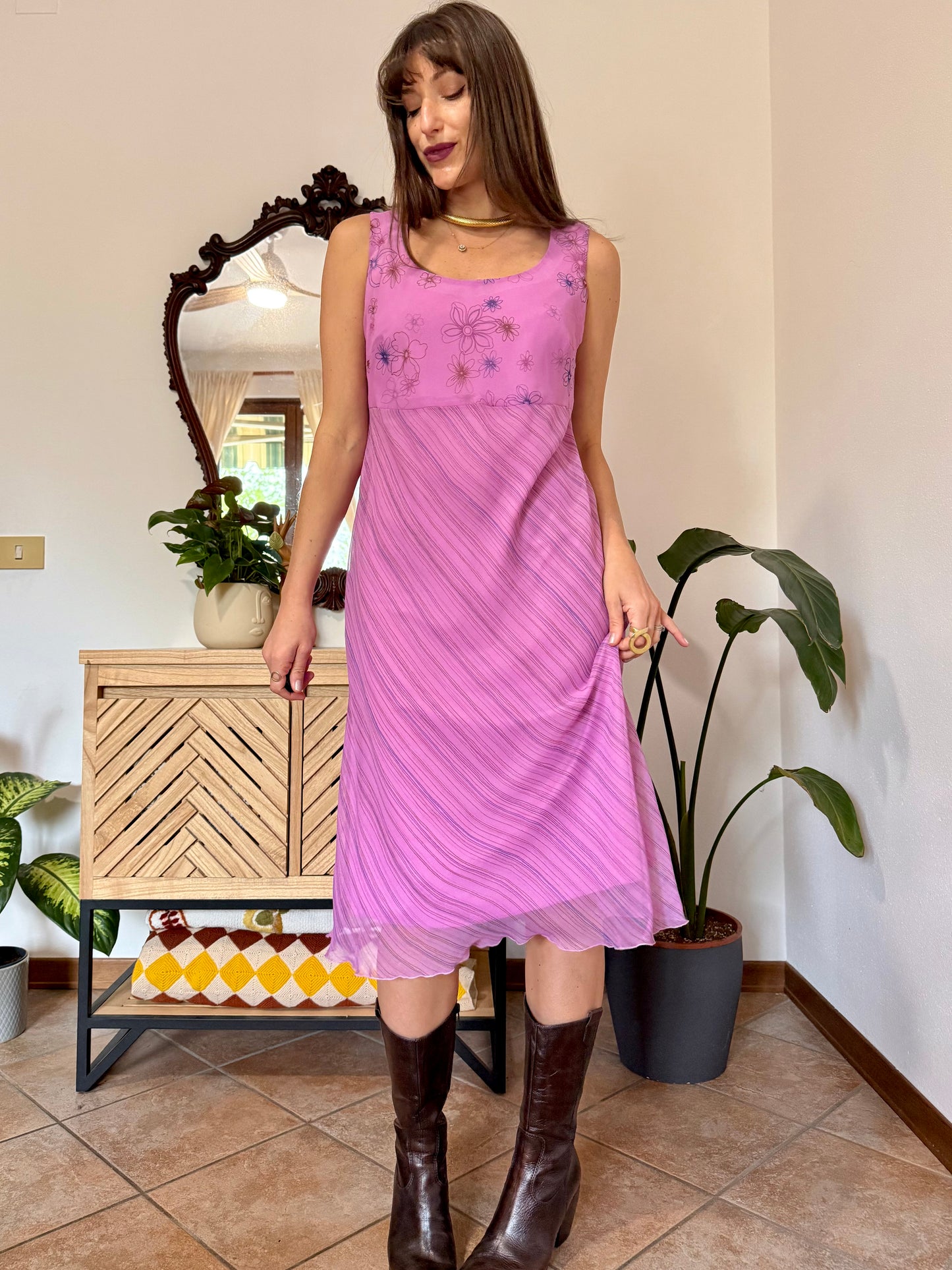 Y2k vintage multi tonal pink and purple stripe and floral print midi dress