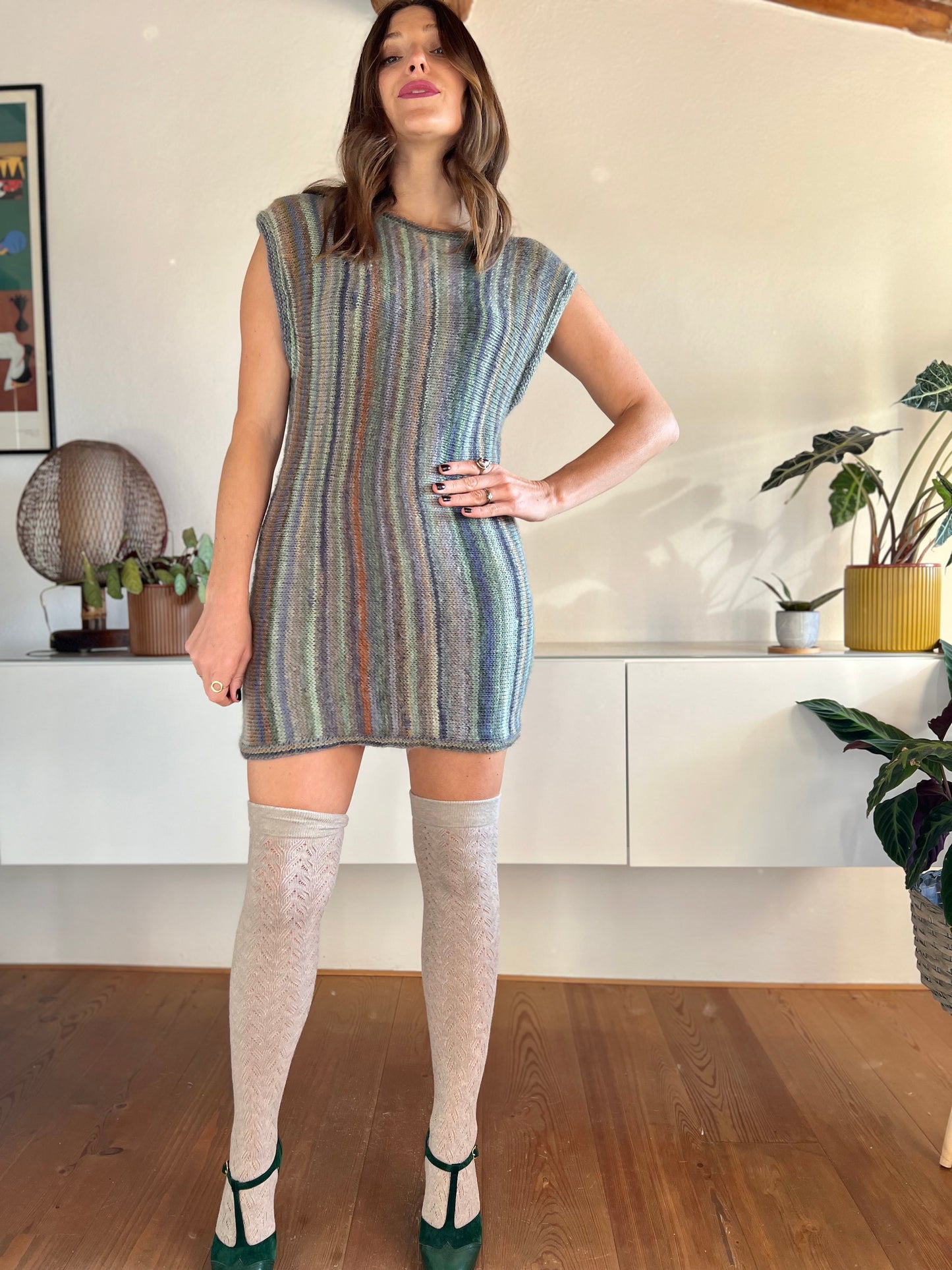 1990's vintage green, blue and tan striped knit mini sweater dress