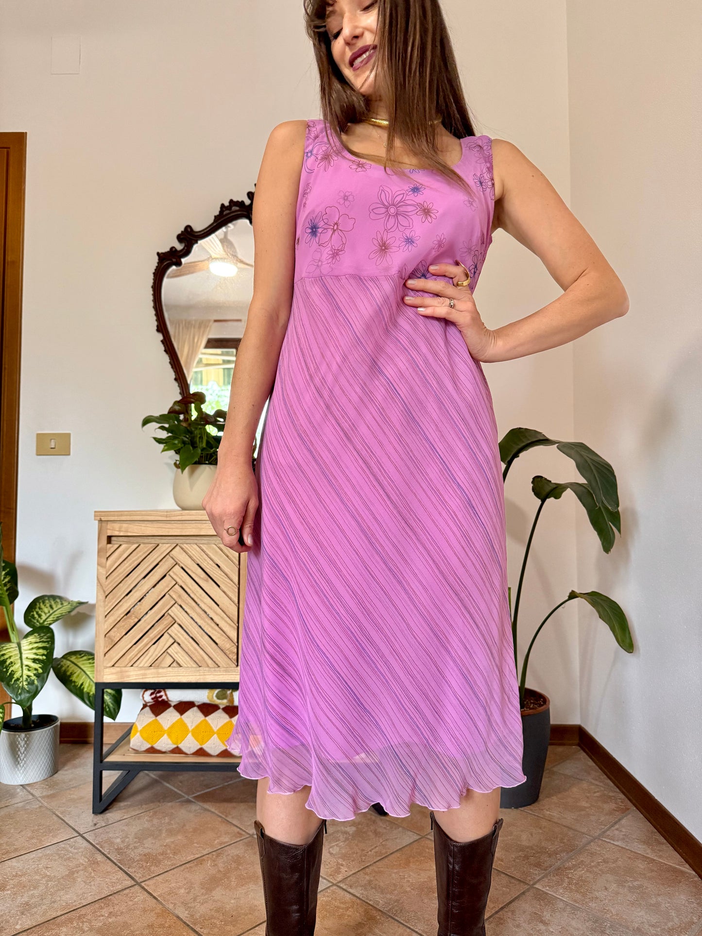 Y2k vintage multi tonal pink and purple stripe and floral print midi dress