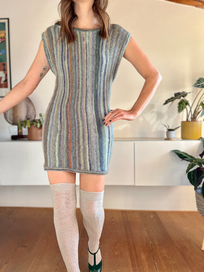 1990's vintage green, blue and tan striped knit mini sweater dress