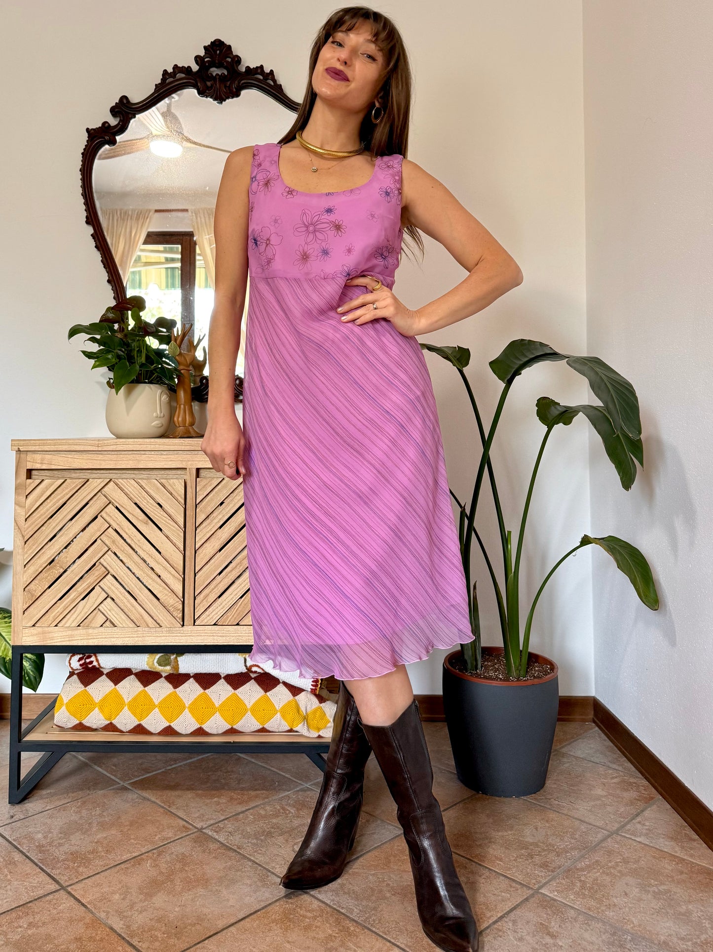 Y2k vintage multi tonal pink and purple stripe and floral print midi dress